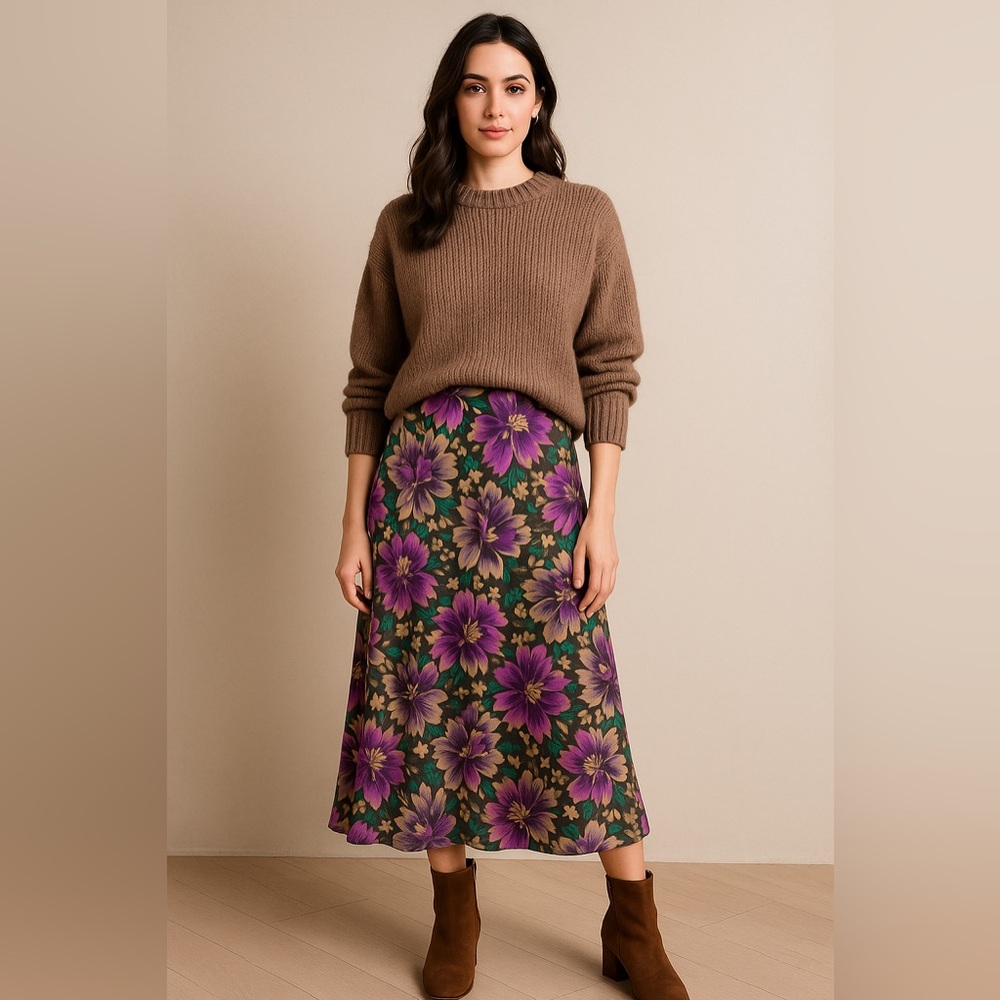 Dana Buchman 100% Silk Vintage Bias-Cut Floral Midi Skirt Size 4 Y2K Late 90s